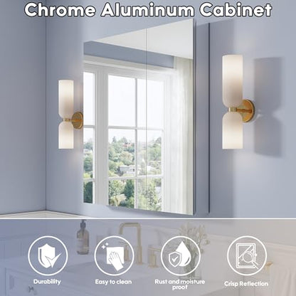 32" x 36" Bathroom Medicine Cabinet with Mirror, Anodized Chrome Aluminum Frame, Surface Mount or Recessed Medicine Cabinet with Mirror, Bathroom Mirror with Storage, Double Doors - size: 32"x36"-A
