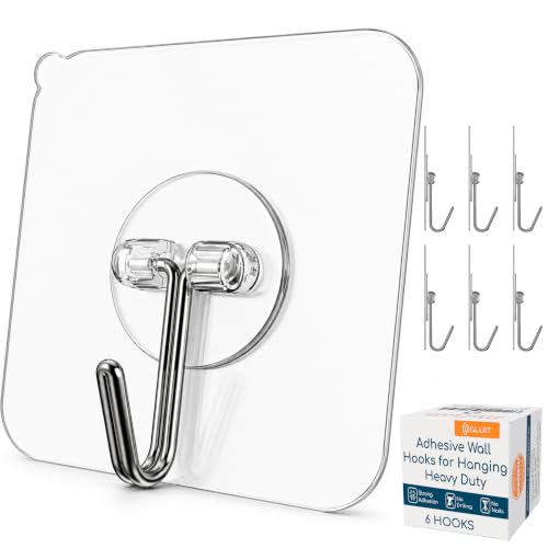 Adhesive Wall Hooks for Hanging, Heavy Duty No Drill, 22 lbs, 6 Pack | GLUIT Adhesive Wall Hooks for Hanging, Transparent Waterproof Sticky Towel Hook for Bathroom Kitchen Home Outdoor - size: Medium, 6 pcs