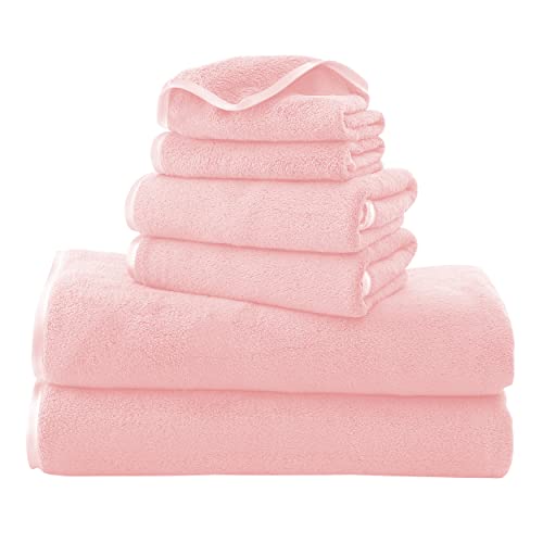 TENSTARS Luxury Silk Hemming Towel Set - Light Thin Quick Drying - 2 Bath Towels 2 Hand Towels 2 Washcloths - Ultra Soft Microfiber Towel for Bath Fitness, Sports, Yoga, Travel (Pink 6 Pieces) - color: Pink, size: Towel Set - 6 Piece