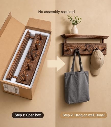Matías Coat Rack Wall Mount with Shelf, 18 Inch Solid Wood Peg Rail, Wall Mounted Coat Rack with 5 Hooks, Wall Mount Shelf for Entryway, Bathroom or Bedroom (Walnut) - color: walnut