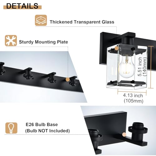 3-Light Black Bathroom Light Fixture Over Mirror, Vanity Wall Lighting with Rectangular Clear Glass, E26 Bulb Base - color: Black, Clear Glass, size: 3-Lights