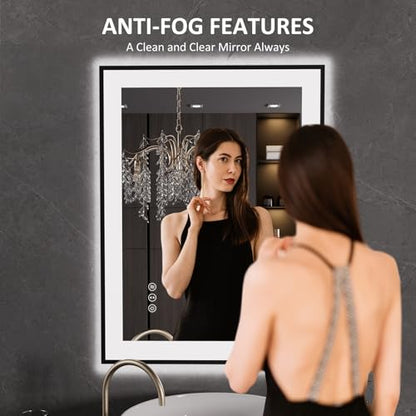 LOAAO 24"X32" LED Bathroom Mirror Black Framed | Anti-Fog, Dimmable, Memory Function, Tempered Glass, Lighted Vanity Mirror for Wall - size: 24"L x 32"W