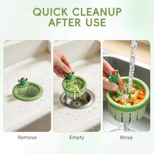Cactus Sink Strainer Basket, Press to Dump Basket Waste Collector, Multifunctional Cute Kitchen Sink Drain Strainer, No Touch Food Waste Remover for Clogged Drains, Fun Sink Accessory