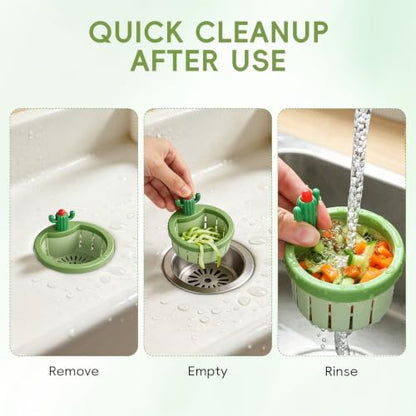 Cactus Sink Strainer Basket, Press to Dump Basket Waste Collector, Multifunctional Cute Kitchen Sink Drain Strainer, No Touch Food Waste Remover for Clogged Drains, Fun Sink Accessory
