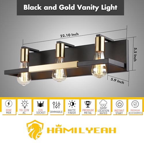 Hamilyeah Rustic Bathroom Light Fixtures Over Mirror, Matte Black and Gold Vanity Lights for Bathroom, 3 Light Vintage Wall Lighting Fixtures,Industrial Kitchen Wall Mounted Lighting