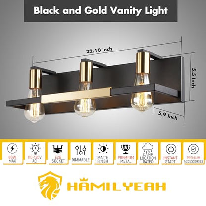 Hamilyeah Rustic Bathroom Light Fixtures Over Mirror, Matte Black and Gold Vanity Lights for Bathroom, 3 Light Vintage Wall Lighting Fixtures,Industrial Kitchen Wall Mounted Lighting