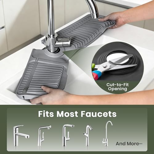 24 Inch Faucet Mat for Kitchen Sink, Silicone Splash Guard for Kitchen Sink Area, 7° Slope Fast Self-Draining Sink Mat, Cuttable Hole Design, Sink Backsplash Guard Draining Mat, Dark Grey - color: Dark Grey