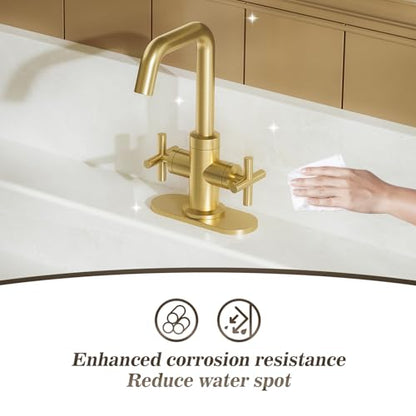 Phiestina Brushed Gold 2-Handle 4 Inch Centerset Single Hole Bathroom Faucet with Drain,Deck Plate and Supply Hoses, Fit for 1 or 3 Hole, SGF002-10-BG