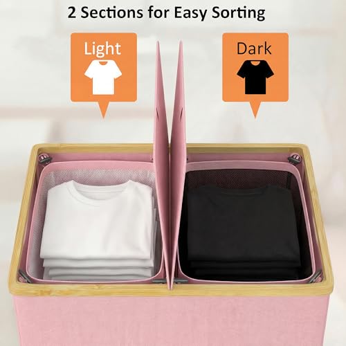 efluky Laundry Hamper with Lid, Double Laundry Basket with 2 Removable Bags, 2 Section Laundry Bin with Bamboo Handles for Bathroom, Bedroom & Laundry Room, 140L (36.9 Gallon) Pink - color: Pink, size: 140L Dual