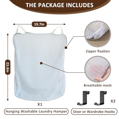 Hanging Washable Laundry Hamper | Over Door Mesh Laundry Bag with 2 Hooks, Tangle-Free Delicates Protector