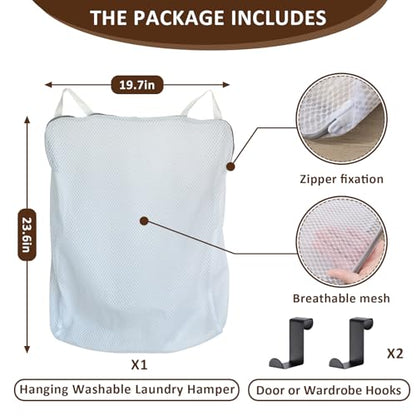 Hanging Washable Laundry Hamper | Over Door Mesh Laundry Bag with 2 Hooks, Tangle-Free Delicates Protector