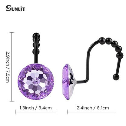 Sunlit Luxury Design Round Purple Diamond Crystal Gem Bling with Glide Balls Shower Curtain Hooks, Rust Proof Metal Rhinestones Glam Shower Curtain Rings with Black Hooks, Set of 12 - color: Purple With Black Hooks