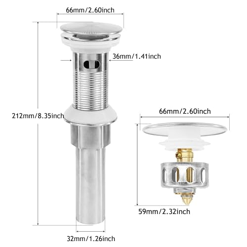 Bathroom Sink Drain,Drain Stopper Bathroom Sink with Overflow,Pop Up Drain Assembly with Detachable Strainer Basket,Built-in Anti-Clogging, Stainless Steel Nut Brushed Nickel - color: Brushed Nickel-big Cap, style: With Overflow