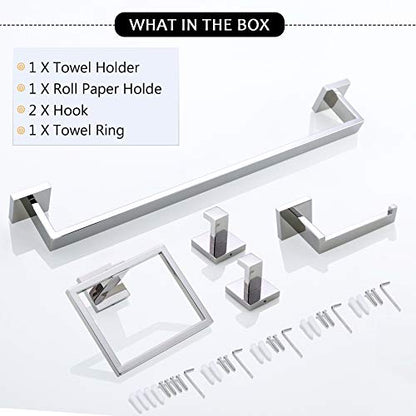 Bathroom Hardware Accessories Set Polished Chrome Towel Bar Sets Include Towel Bar Towel Holder Toilet Paper Holder Towel Hook,5 Pieces Stainless Steel Wall Mounted - color: Chrome