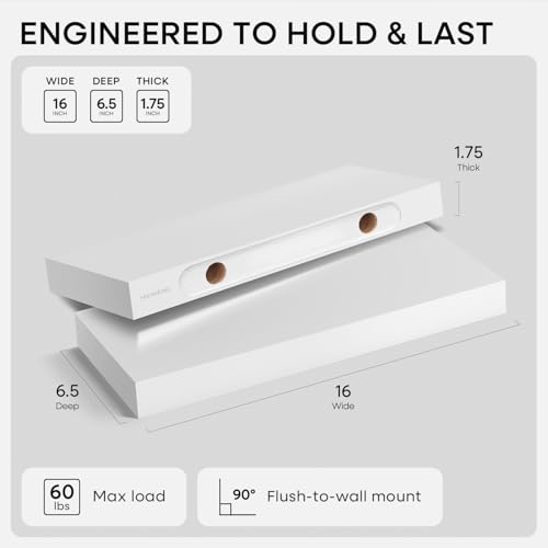 White Floating Shelves 16 inch, High End Solid Real Wood 16inch Bathroom Floating Shelf for Wall Mounted, White Wooden 16 Floating Shelves, Heavy Duty Bracket, 16 X 6.5 X 1.75 inch, Set of 2 - color: Classic White - Soft Neutral Satin, size: 16 inch