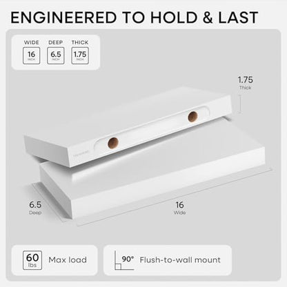 White Floating Shelves 16 inch, High End Solid Real Wood 16inch Bathroom Floating Shelf for Wall Mounted, White Wooden 16 Floating Shelves, Heavy Duty Bracket, 16 X 6.5 X 1.75 inch, Set of 2 - color: Classic White - Soft Neutral Satin, size: 16 inch