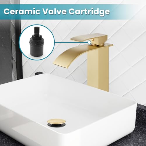 gotonovo Waterfall Tall Bathroom Faucet 1 Hole No Drain, Brushed Gold | Modern Vessel Sink Faucet Single Handle 304 Stainless Steel,24” cUPC Supply Hoses,for Bowl Basin Lavatory Vanity Restroom RV - color: Gold
