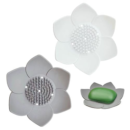 2 Pack Silicone Soap Dishes with Draining, Lotus Flowers Bar Soap Holder for Shower, Soap Saver for Counter, Bathtub, Kitchen Sink(White/Gray) - color: White/Grey