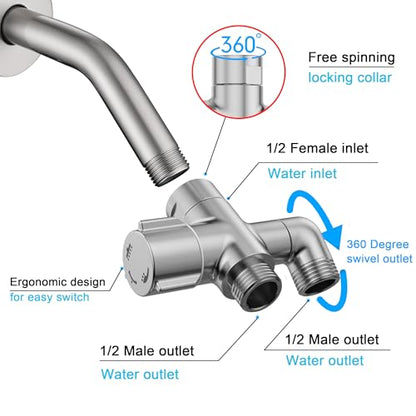 3-Way Shower Diverter Valve, 1 Inlet for 2 Outlets - Solid Metal Divider Allows Switching Between Fixed & Handheld Showerheads, G1/2 Universal Fit, (Brushed Nickel) - color: Brushed Nickel