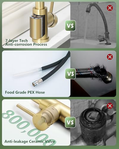 VFAUOSIT Kitchen Faucet with Pull Down Sprayer, Brushed Gold High Arc | Cold-Start Safety, 3 Spray Modes, 360° Swivel, cUPC/CEC Certified, Fingerprint-Resistant Finish, Ceramic Disc Valve - color: Gold