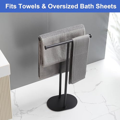 Freestanding Matte Black Towel Rack with Extendable Double Bars, Weighted Base Bathroom Towel Holder Stand, Rust-Resistant Stainless Steel Standing Towel Racks for Bathroom Storage - color: Black