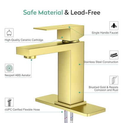 Faustina Light Gold Bathroom Faucet, Single Handle Stainless Steel Bathroom Vanity Faucet with Metal Pop-Up Drain & Deck Plate for 1 or 3 Hole - color: Gold, style: Classic