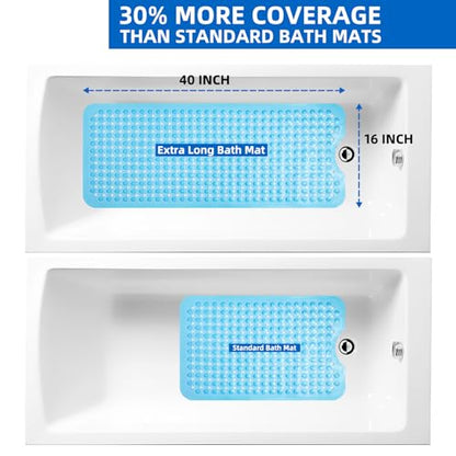 MOONFLY Shower and Bathtub Mat,40x16 Inches,Extra Long Non Slip Mats with Suction Cups and Drain Holes, Machine Washable and Anti Slip Bathmats, Bathroom Mats for Tub Nonslip (Clear Blue) - color: Clear Blue