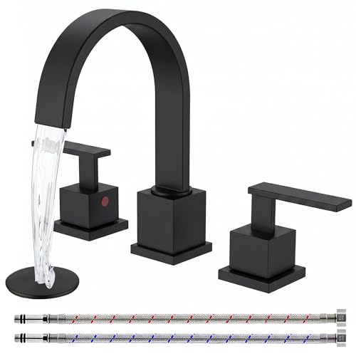 Matte Black Bathroom Faucet, Black Faucet Bathroom 3 Hole 8inch Widespread Waterfall 2 Handle Black Faucets Bathroom Sink Vanity Faucet with Pop Up Drain and Supply Lines - color: Matte Black