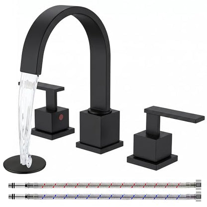 Matte Black Bathroom Faucet, Black Faucet Bathroom 3 Hole 8inch Widespread Waterfall 2 Handle Black Faucets Bathroom Sink Vanity Faucet with Pop Up Drain and Supply Lines - color: Matte Black