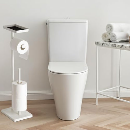 Clasin Home White Toilet Paper Holder Stand with Metal Top Shelf, Free Standing Bathroom Tissue Roll Holder with Weighted Base and Storage for 4 Rolls - color: White