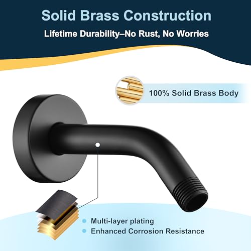 BRIGHT SHOWERS Shower Arm with Flange, Solid Brass 6 Inch Wall Mount Shower Head Extension, Extra Thick All Metal Shower Pipe Arm and Shower Neck Replacement, Matte Black - color: Matte Black, style: Basic 6 Inch