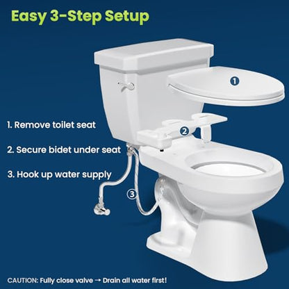 Ultra-Slim Bidet Attachment, Self-Cleaning Dual Nozzle (Feminine/Posterior Wash), Accessibility-Enhanced Large Buttons, Quick-Release, Non-Electric Fresh Water System with Adjustable Pressure