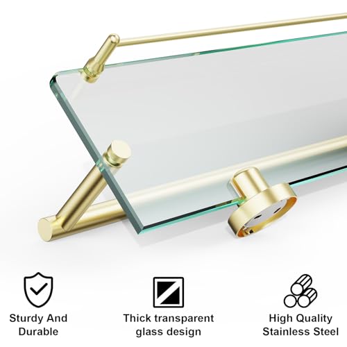 24-Inch Towel Rack with Shelf -Tempered Glass Bathroom Shelf with Towel Bar - Brushed Gold Modern Stainless Steel, Wall Mount Rustproof Tower Holder - color: Brushed Gold, size: 24-inch with Railing