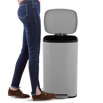 happimess Curtis 8 Gal Step Trash Can Soft Close 25", Gloss Gray | Iron Construction, Satin Finish, Removable Liner, Steel Pedal, 20 Trash Bags Included, Kitchen Office Bin - color: Fog Gray