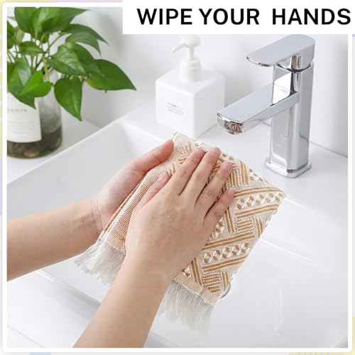 4-Pack Cotton Bathroom Hand Towels – Boho Cotton Hand Towel Set with Jacquard Weave & Fringe, 13"x29.1" Absorbent Soft Face Set for Kitchen, Bathroom, Guest Tea Gift (Brown, White) - color: Brown，white