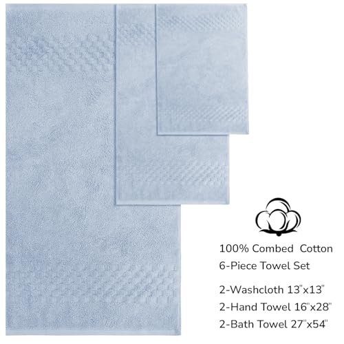Feather & Stitch 100% Cotton 625 GSM Bath Towel Set of 6, Ultra Soft Highly Absorbent 2 Bath Towels, 2 Hand Towels & 2 Washcloth - Luxury Quick Dry Shower Towels (Sky Blue) - color: Sky Blue