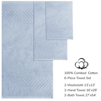 Feather & Stitch 100% Cotton 625 GSM Bath Towel Set of 6, Ultra Soft Highly Absorbent 2 Bath Towels, 2 Hand Towels & 2 Washcloth - Luxury Quick Dry Shower Towels (Sky Blue) - color: Sky Blue