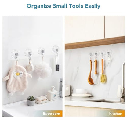 Suction Hooks 2 Packs, Clear Powerful Push and Lock Vacuum Suction Cup, Multi-Purpose Suction Shower Hooks for Front Door Window Glass Kitchen Towel Loofah Utensils, 2pcs