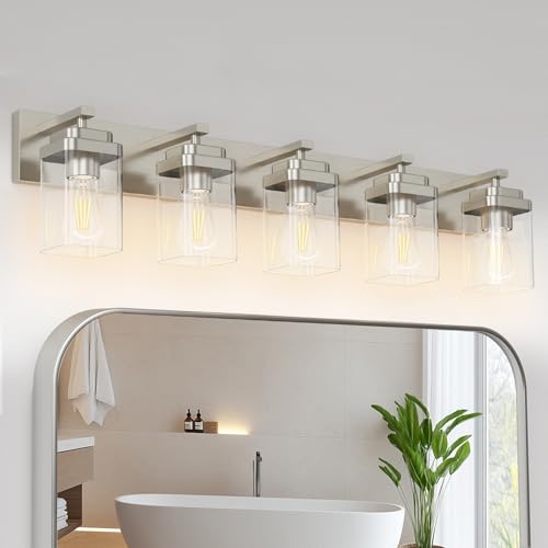 Brushed Nickel Bathroom Light Fixtures, 5 Lights Bathroom Lighting Fixtures Over Mirror, Square Design & Rectangle Large Backplate, Modern Vanity Lighting Fixtures, for Living Room/Bedroom - color: Brushed Nickel, size: 5-Light, 36" L