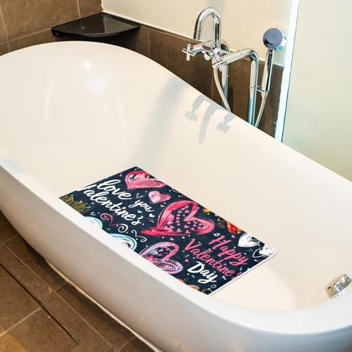 Non Slip Bath Mat for Tub, 15.1 x 26.8 Inch Bathtub Mat Machine Washable Shower Mat with Drain Holes and Suction Cups, Doodle Valentine's Day Colorful Hearts - color: Multi 10