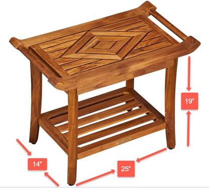 Teak Shower Bench Stool Seat, w/Leveling Feet, Waterproof, Teak Oil Finish | Xtra-Comfortable, 25” Wide 19” Tall 14” Deep, for Indoor/Outdoor Shower, Front Entrance, Spa, Sauna, Pool Deck, Patio, Garden