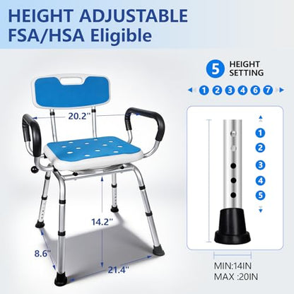 Swivel Shower Chair 500lbs Heavy Duty Adjustable Arms & Back 360° Rotating | Slip-resistant rubber feet Easy-clean Tool-free Install Ergonomic wide seat Built-in drainage holes 5 height settings - size: Blue