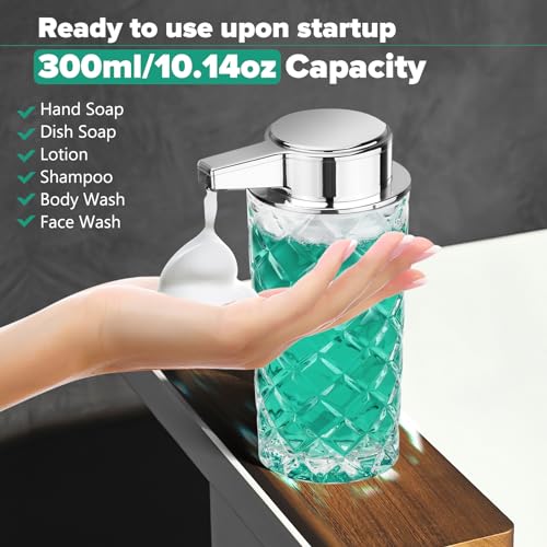 Automatic Soap Dispenser Foam for Kitchen: 11 OZ Glass Touchless Clear Auto Foaming Soap Dispenser for Bathroom - Hand Dish Lotion Home Countertop Kids - Family Couple - color: Diamond Style Foam