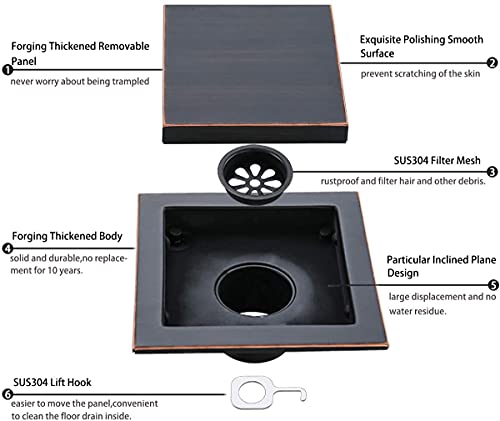 RANDOM Oil Rubbed Bronze Shower Drain Square 6 inch with Adjustable PVC Base Flange,SUS304 Stainless Steel Shower Floor Drain Kit with Tile Insert Shower Drain Cover and Hair Strainer - color: D-oil Rubbed Bronze-6″ Square With Base Flange
