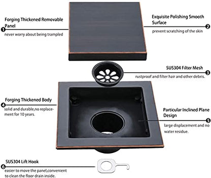 RANDOM Oil Rubbed Bronze Shower Drain Square 6 inch with Adjustable PVC Base Flange,SUS304 Stainless Steel Shower Floor Drain Kit with Tile Insert Shower Drain Cover and Hair Strainer - color: D-oil Rubbed Bronze-6″ Square With Base Flange