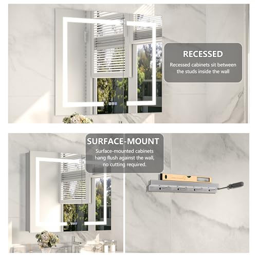36x30" Wall-Mounted LED Bathroom Medicine Cabinet, Anti-Fog, 3 Color Temp | Surface-Mount/Recessed, Double-Sided Mirror Cabinet with DTC Silent-Close Hinges, Adjustable Tempered Glass Shelf - size: 36W x 30H Inch