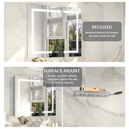 36x30" Wall-Mounted LED Bathroom Medicine Cabinet, Anti-Fog, 3 Color Temp | Surface-Mount/Recessed, Double-Sided Mirror Cabinet with DTC Silent-Close Hinges, Adjustable Tempered Glass Shelf - size: 36W x 30H Inch