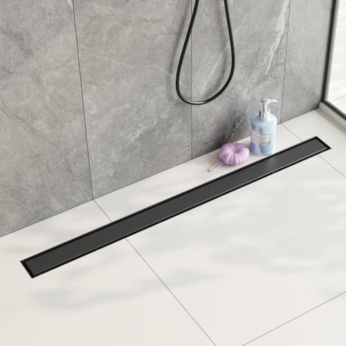 Neodrain 36" Matte Black Linear Shower Drain,2-in-1 Flat& Tile Insert Cover | 304 Stainless Steel,Fast Drainage, Durable,Rectangle Shower Floor Drain with Adjustable Feet,Hair Strainer,Fits Bathrooms - color: Matte Black, size: 36 In