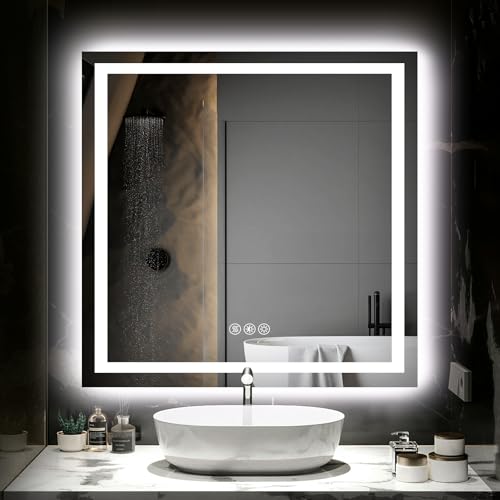 Hivone 36"X36" LED Bathroom Mirror with Lights, Anti-Fog, Dimmable, Backlit + Front Lit, Smart Bathroom Vanity Mirror, Memory Function, Shatterproof, Tempered Glass (Horizontal/Vertical) - size: 36"L x 36"W