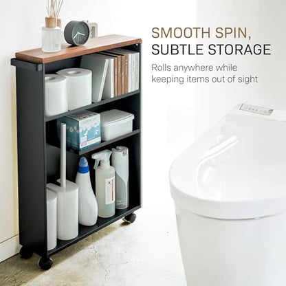 YAMAZAKI Home Slim Rolling Storage Cart – Narrow Bathroom Storage Cabinet with Handle, Slim Bathroom Storage Cart with Wheels, Easy Assembly, Steel + Wood, Black - color: Black